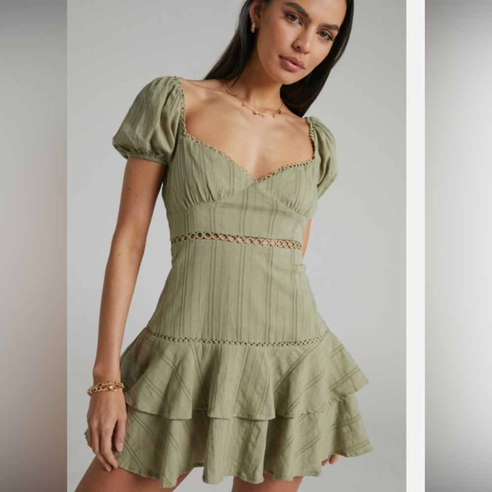 Showpo. Ryken Puff Sleeve Frill Detail Mini Dress in khaki